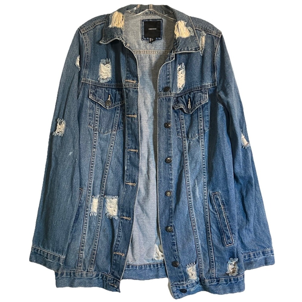 FOREVER 21 WOMENS DENIM JACKET SIZE L DISTRESSED DESTROYED BLUE OVERSIZED JEAN